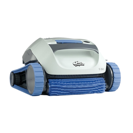 Low-angle studio product view of the Maytronics Dolphin S 50 robotic pool cleaner on a white background, highlighting its white body shell, blue front scrubbing brush, and blue continuous tracks.