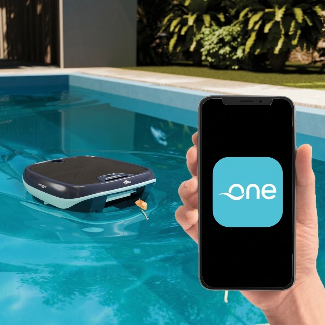 Lifestyle composite view of the Maytronics Dolphin Skimmi 200 robotic pool skimmer floating in a swimming pool while taking in floating leaves, accompanied by a close-up of a hand holding a smartphone displaying the MyDolphin Plus app icon.
