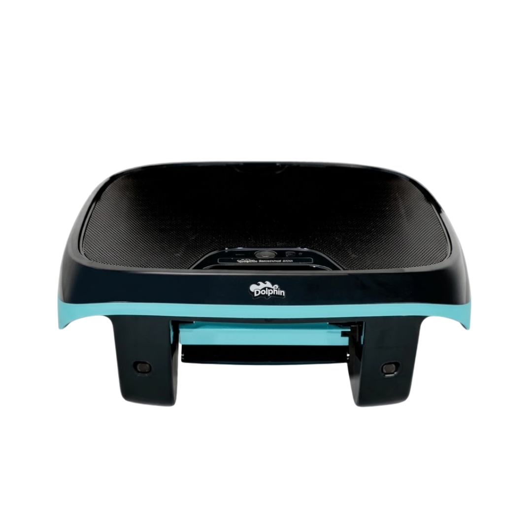 Slight high-angle studio product view of the Maytronics Dolphin Skimmi 200 robotic pool skimmer on an isolated white background, showcasing its top solar panel grid, status panel, teal accent strip, and front intake flaps.