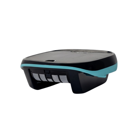 Low-angle rear three-quarter studio product view of the Maytronics Dolphin Skimmi 200 robotic pool skimmer on an isolated white background, showcasing its dark grey hull, wrap-around teal accent stripe, textured top solar panel, and rear paddle wheels.