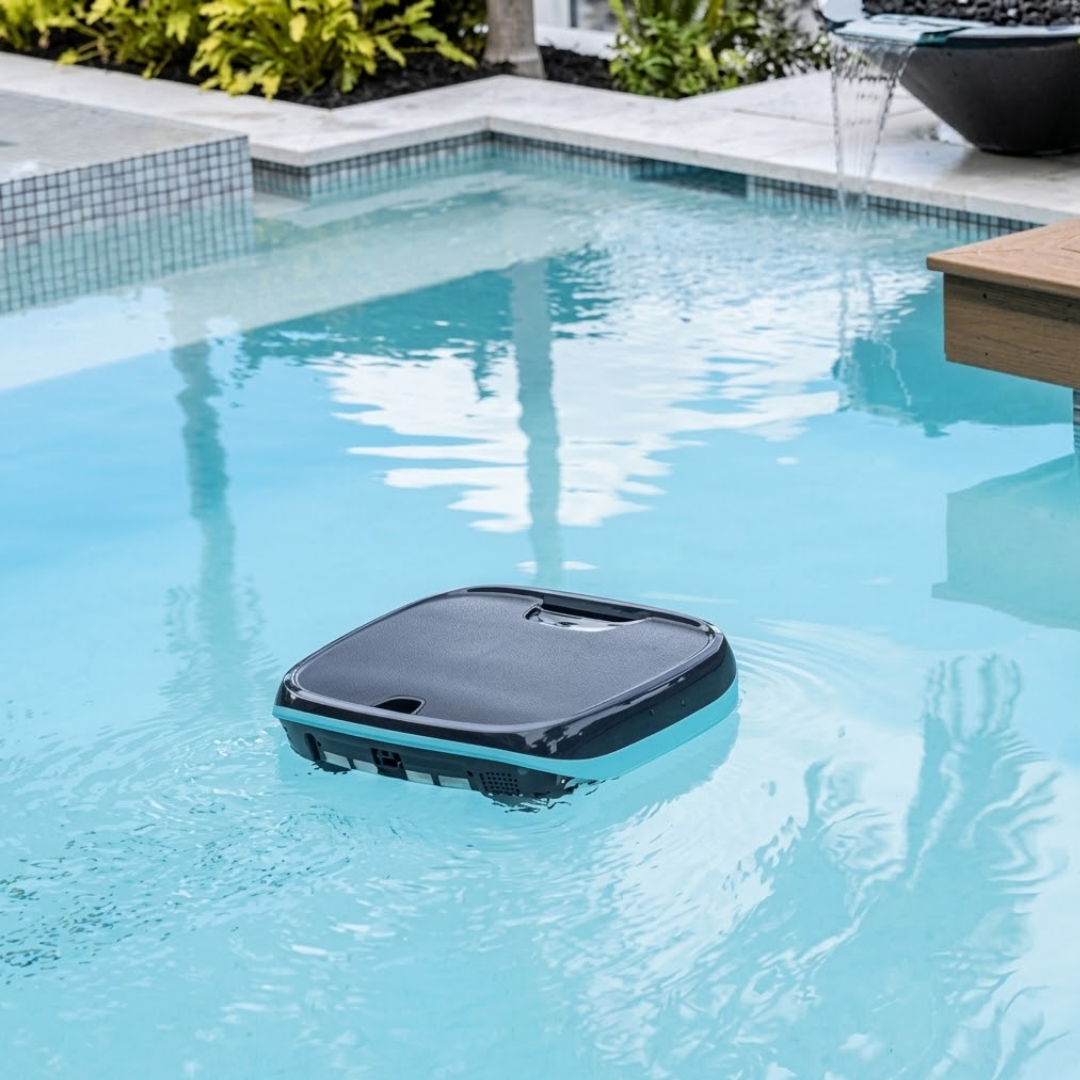 Outdoor lifestyle view of the Maytronics Dolphin Skimmi 200 robotic pool skimmer actively floating and operating on clear pool water in a backyard swimming pool setup with a stone water feature.