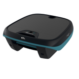 Top high-angle view of the Maytronics Dolphin Skimmi 200 showing its integrated solar panels and sleek black and teal chassis.