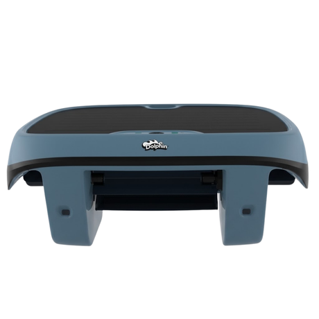 Straight-on front elevation studio view of the Maytronics Dolphin Skimmi 300 robotic pool skimmer on an isolated white background, detailing its slate blue body shell, dark accent band, front debris intake mouth, top solar panel surface, and Dolphin logo.