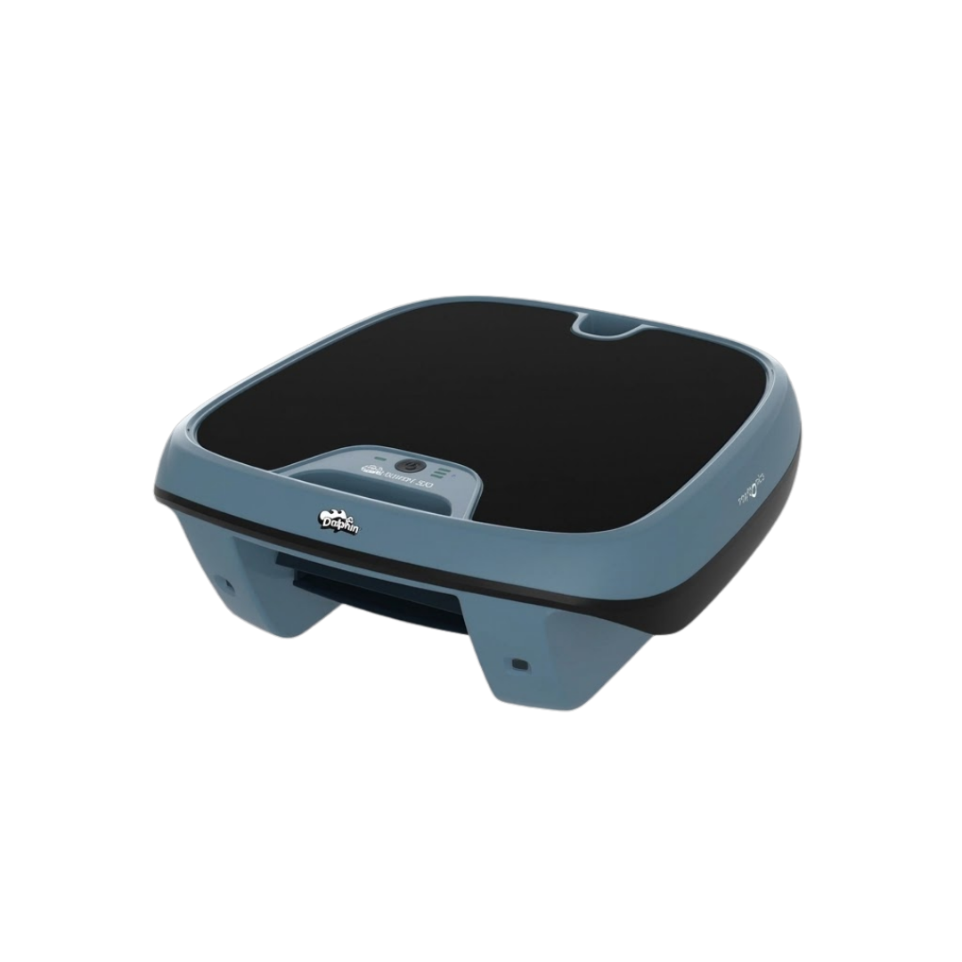 High-angle front three-quarter studio product view of the Maytronics Dolphin Skimmi 300 robotic pool skimmer on an isolated white background, showcasing its slate blue body, dark lower chassis and trim, dark solar panel top, top handle cutout, and front status control module with Skimmi 300 branding.