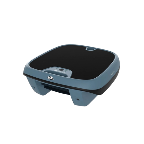High-angle front three-quarter studio product view of the Maytronics Dolphin Skimmi 300 robotic pool skimmer on an isolated white background, showcasing its slate blue body, dark lower chassis and trim, dark solar panel top, top handle cutout, and front status control module with Skimmi 300 branding.