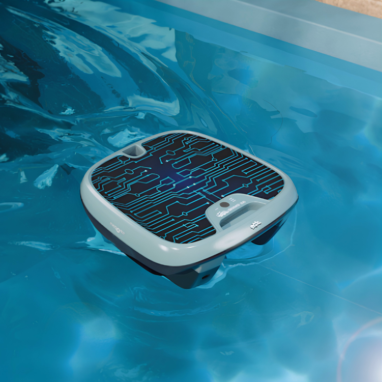An overhead angled view of the grey Maytronics Dolphin Skimmi 300 solar pool robot floating in water with a glowing blue digital circuit board overlay representing smart path mapping.