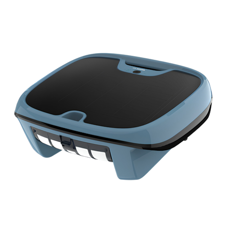 Three-quarters high-angle view of the grey Maytronics Dolphin Skimmi 300 showcasing its large solar panel charging top surface.
