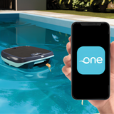 Close-up of a smartphone displaying the Maytronics One app logo alongside a Dolphin Skimmi solar robot skimming leaves in a pool.