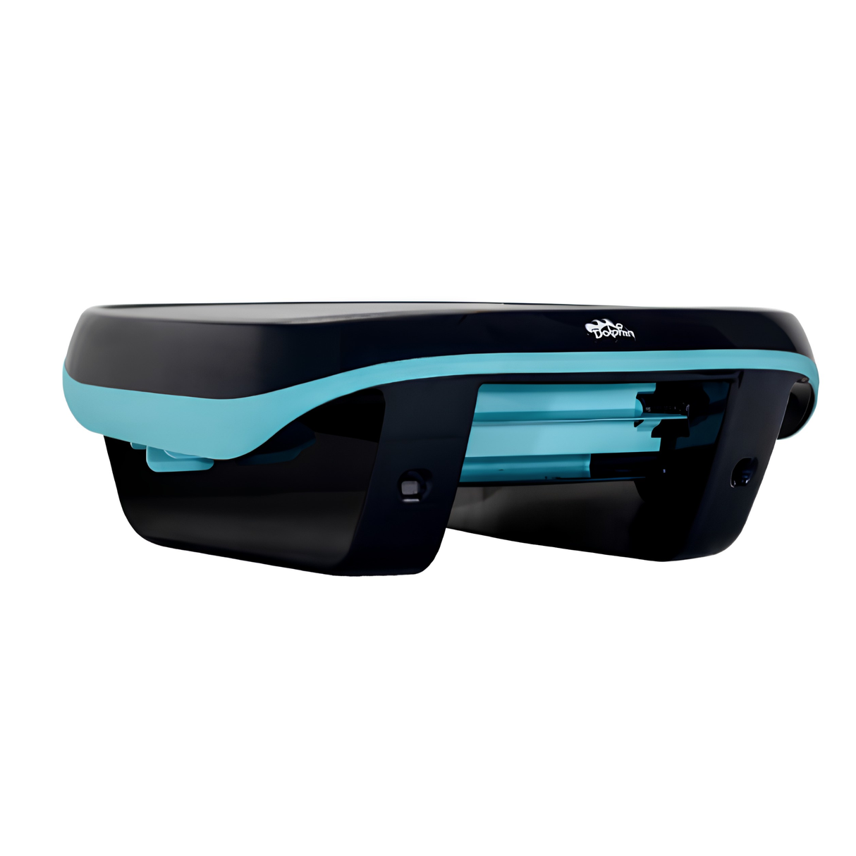 Low-angle front view of the Maytronics Dolphin Skimmi highlighting the teal motorized paddle roller for debris collection.
