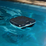 An active Maytronics Dolphin Skimmi solar pool robot floating in a pool with a glowing circuit pattern overlay representing smart navigation.