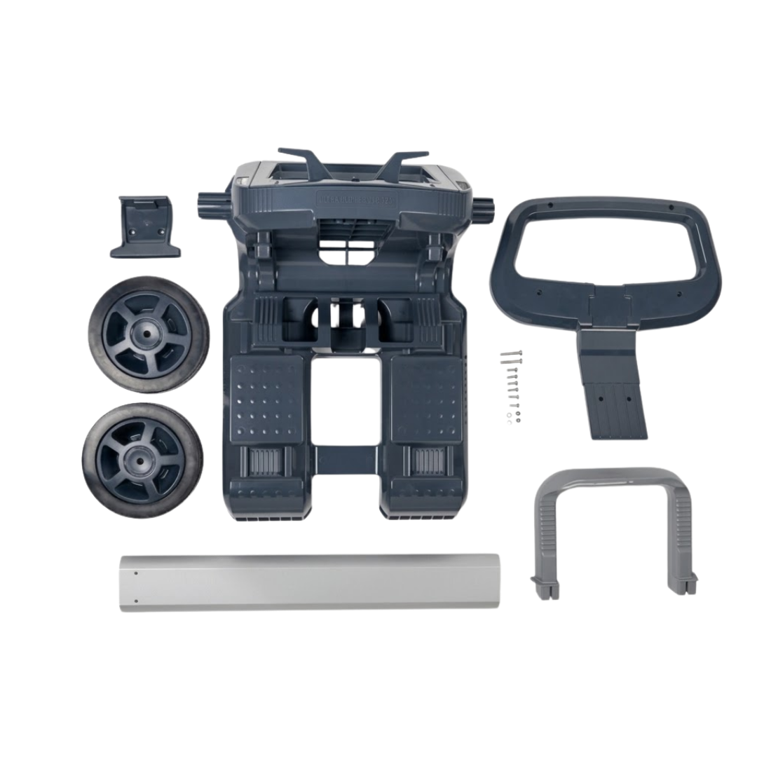 Overhead knolling studio layout of disassembled Maytronics Dolphin universal transport caddy parts on an isolated white background, including the dark grey base frame, two side wheels, silver center column, top handle piece, power supply tray holder, cable hook bracket, and assembly screws.
