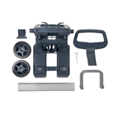Overhead knolling studio layout of disassembled Maytronics Dolphin universal transport caddy parts on an isolated white background, including the dark grey base frame, two side wheels, silver center column, top handle piece, power supply tray holder, cable hook bracket, and assembly screws.