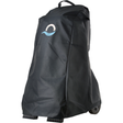 Three-quarter studio view of a black weather-resistant protective cover fitted over a Maytronics Dolphin pool cleaner transport caddy on an isolated white background, featuring the blue Maytronics wave logo, top carrying handle, and exposed lower base feet and side wheels.