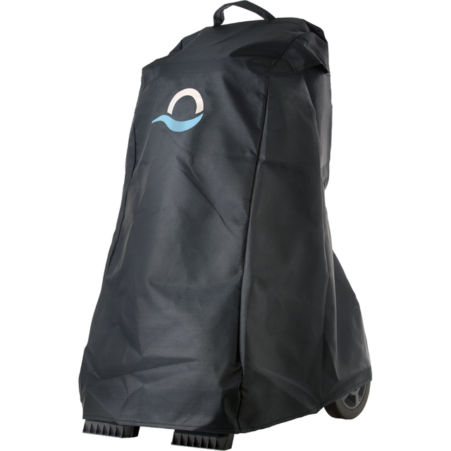 Three-quarter studio view of a black weather-resistant protective cover fitted over a Maytronics Dolphin pool cleaner transport caddy on an isolated white background, featuring the blue Maytronics wave logo, top carrying handle, and exposed lower base feet and side wheels.