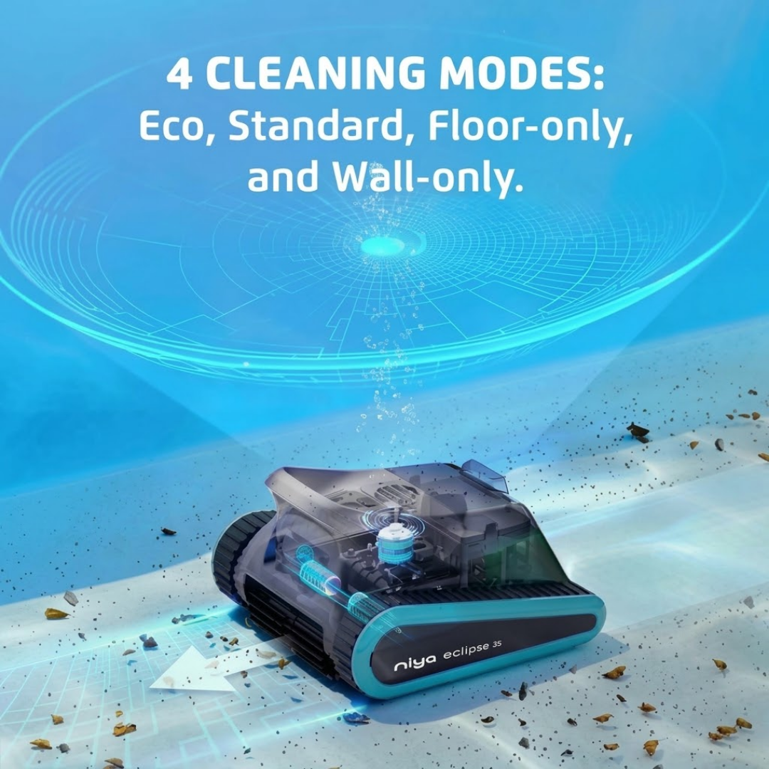 Promotional infographic for the Maytronics Niya Eclipse 35 robotic pool cleaner highlighting 4 Cleaning Modes: Eco, Standard, Floor-only, and Wall-only, featuring an X-ray cutaway view of the unit operating along a debris-covered pool floor.
