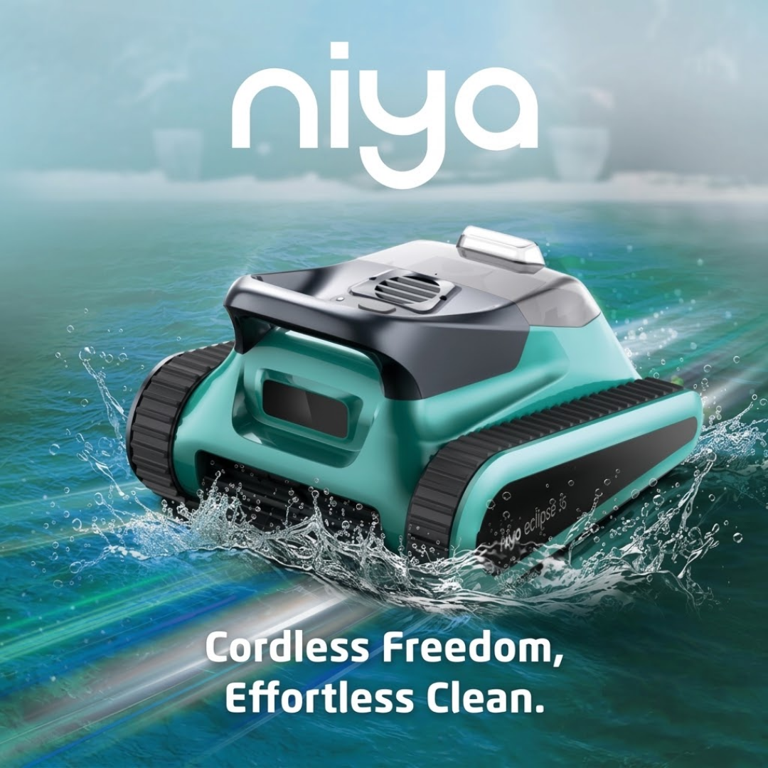 Promotional banner for the Maytronics Niya Eclipse 35 robotic pool cleaner featuring the slogan "Cordless Freedom, Effortless Clean." with white Niya branding and the cleaner gliding through splashing pool water.