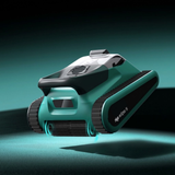 Low-angle front-three-quarter studio view of a Maytronics Niya Eclipse 35 robotic pool cleaner, featuring its teal and dark gray casing, side caterpillar tracks, top handle, and glowing teal indicators highlighting the front active scrubbing brush set against a dark backdrop.