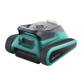 Front three-quarter studio view of a Maytronics Niya Eclipse 35 robotic pool cleaner, featuring a teal and dark gray body, side caterpillar tracks with model branding, front scrubbing roller brush, and top carry handle isolated on white.