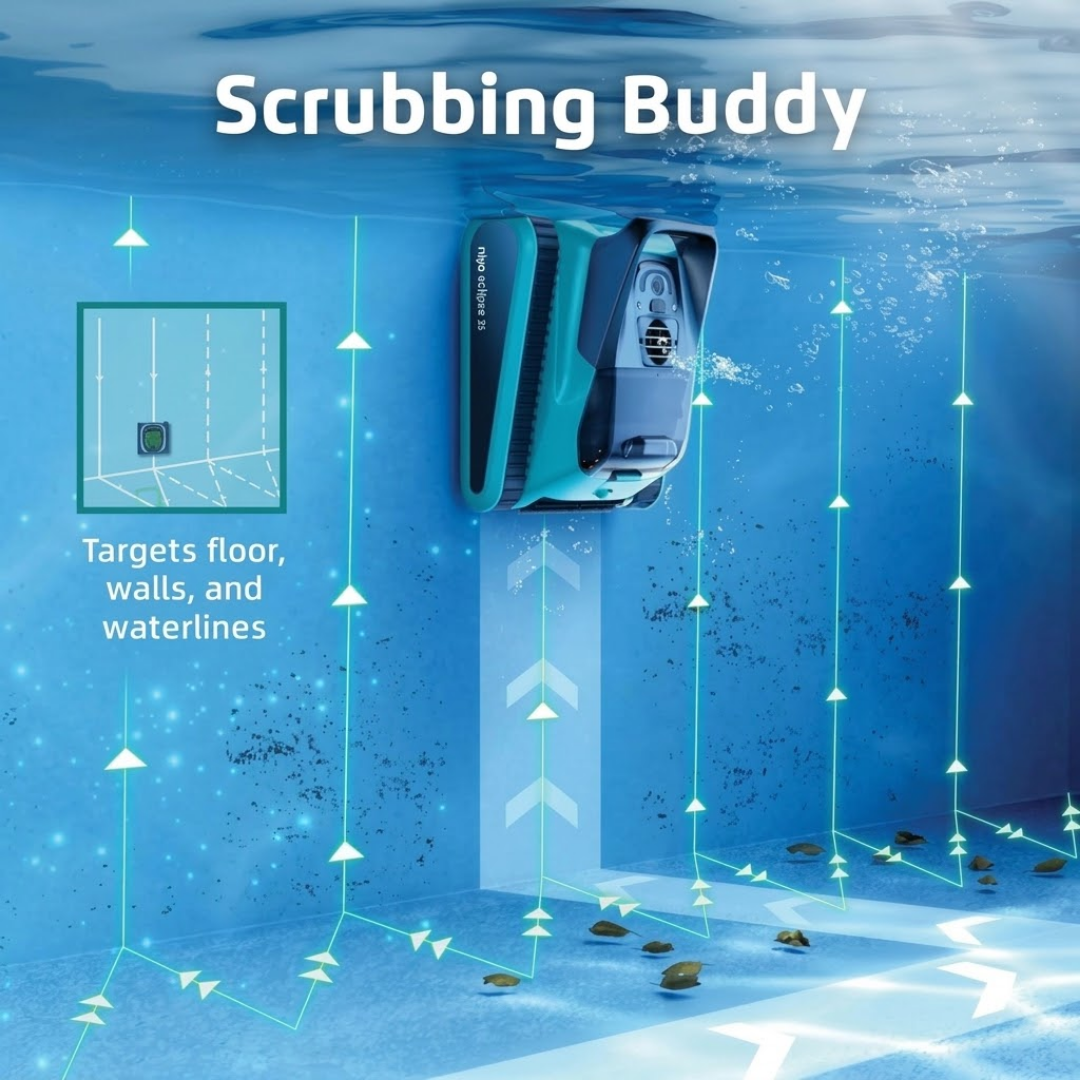Promotional graphic for the Maytronics Niya Eclipse 35 robotic pool cleaner titled "Scrubbing Buddy," showing the unit climbing a pool wall to clean floor, walls, and waterlines, overlaid with directional arrow paths and a coverage diagram.