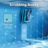 Promotional graphic for the Maytronics Niya Eclipse 35 robotic pool cleaner titled "Scrubbing Buddy," showing the unit climbing a pool wall to clean floor, walls, and waterlines, overlaid with directional arrow paths and a coverage diagram.