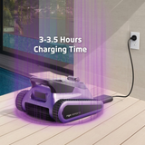 Promotional graphic for the Maytronics Niya Sonar F3 robotic pool cleaner highlighting 3-3.5 Hours Charging Time, showing the purple-accented unit resting on poolside decking connected to a wall outlet power charger with glowing purple vertical light streaks.