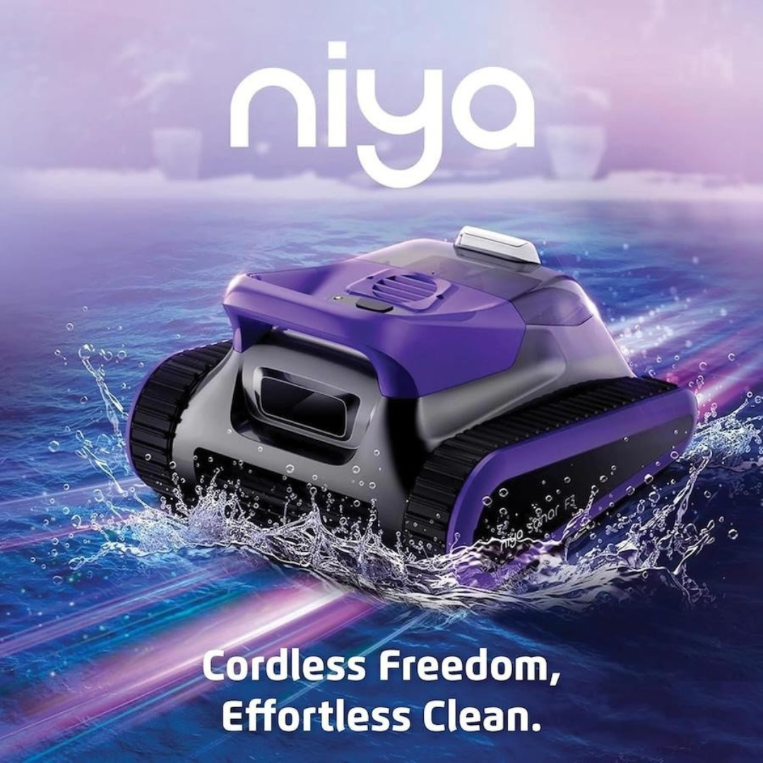 Promotional banner for the Maytronics Niya Sonar F3 robotic pool cleaner featuring purple accent housing and the slogan "Cordless Freedom, Effortless Clean." with white Niya branding as the unit moves through splashing pool water.