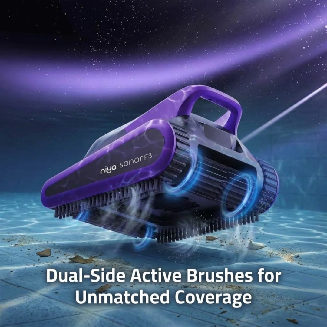 Promotional graphic for the Maytronics Niya Sonar F3 robotic pool cleaner highlighting "Dual-Side Active Brushes for Unmatched Coverage," featuring a low-angle view of the purple-accented unit with glowing blue motion graphics around its scrubbing brushes along a tiled pool floor.