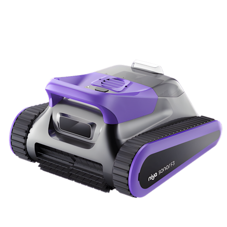 Front three-quarter studio view of a Maytronics Niya Sonar F3 robotic pool cleaner, featuring a purple accent and dark gray body, side caterpillar tracks with model branding, front scrubbing roller brush, and top carry handle isolated on white.