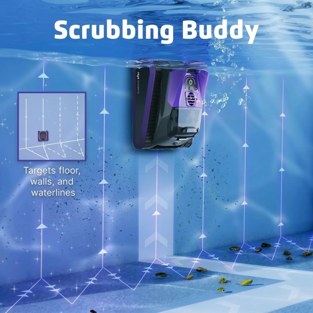 Promotional graphic for the Maytronics Niya Sonar F3 robotic pool cleaner titled "Scrubbing Buddy," showing the purple-accented unit climbing a pool wall to clean floor, walls, and waterlines, overlaid with directional arrow paths and a coverage diagram.