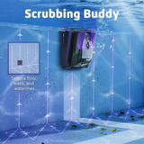 Promotional graphic for the Maytronics Niya Sonar F3 robotic pool cleaner titled "Scrubbing Buddy," showing the purple-accented unit climbing a pool wall to clean floor, walls, and waterlines, overlaid with directional arrow paths and a coverage diagram.