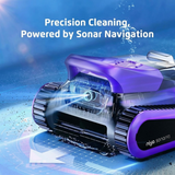 Promotional graphic for the Maytronics Niya Sonar F3 robotic pool cleaner highlighting "Precision Cleaning, Powered by Sonar Navigation," featuring a close-up translucent view of the purple-accented unit's front sonar sensor projecting light beams underwater.