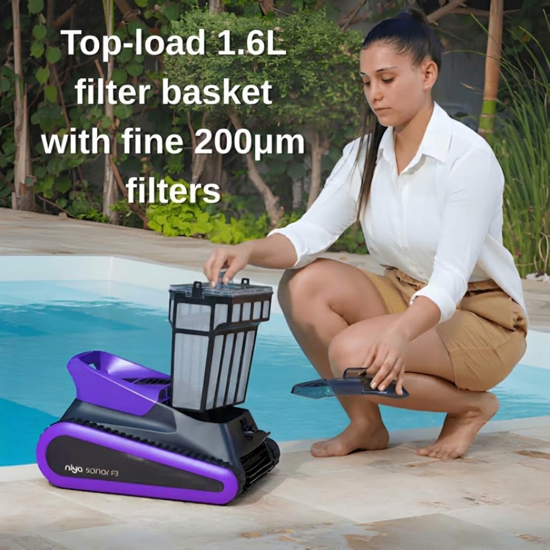Promotional lifestyle graphic for the Maytronics Niya Sonar F3 robotic pool cleaner highlighting "Top-load 1.6L filter basket with fine 200µm filters," showing a woman crouching poolside pulling the mesh filter basket out of the purple-accented unit.