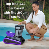 Promotional lifestyle graphic for the Maytronics Niya Sonar F3 robotic pool cleaner highlighting "Top-load 1.6L filter basket with fine 200µm filters," showing a woman crouching poolside pulling the mesh filter basket out of the purple-accented unit.