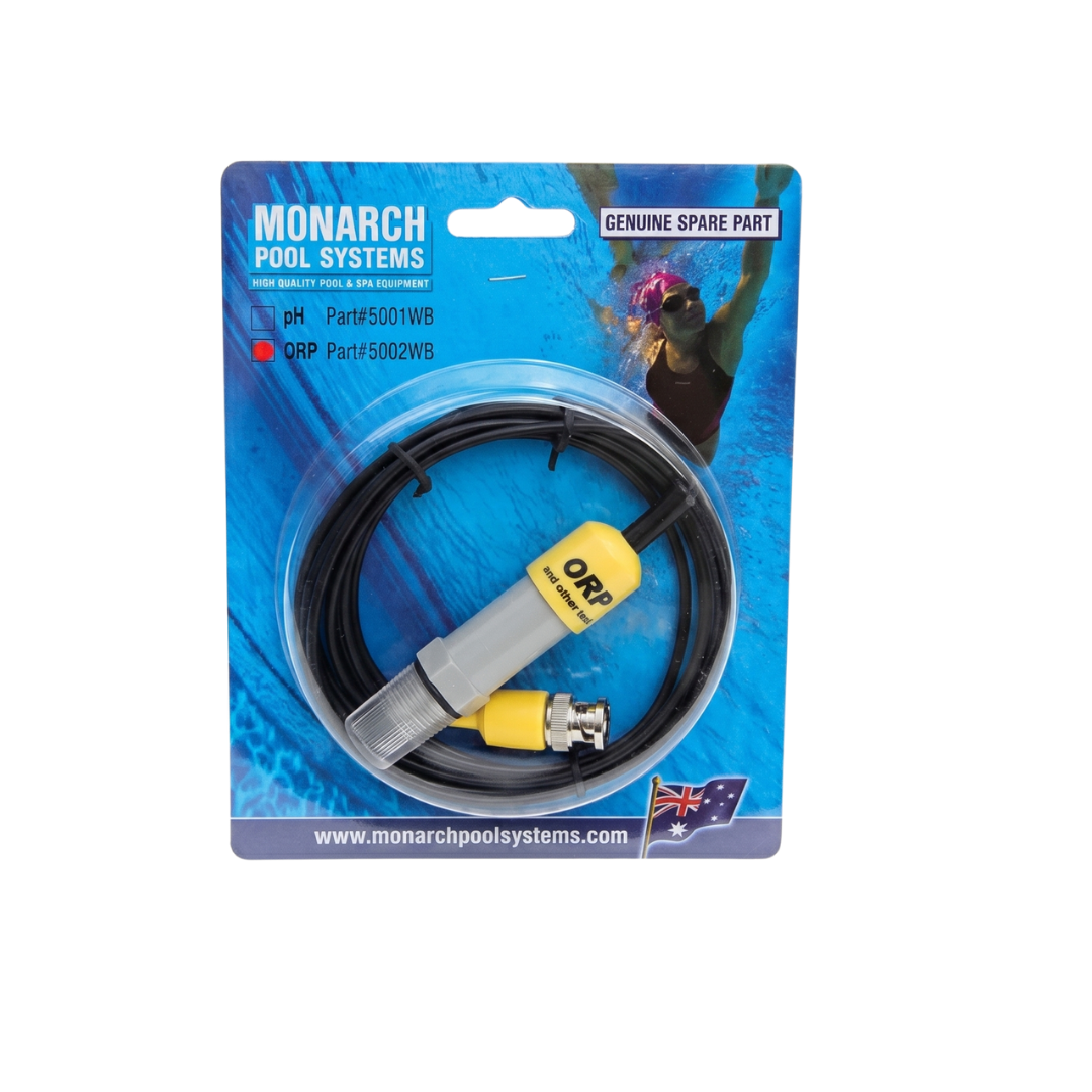 Monarch Pool Systems genuine replacement ORP sensor probe on a blue blister card packaging, showing Part Number 5002WB, yellow sensor collar, and coiled black BNC connector cable for Davey Eco Spa chlorinators.