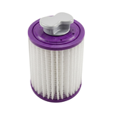 Top-down view of a grey disposable filter cap assembled with a purple mineral sanitizer stick centered inside the core of a pleated spa cartridge filter