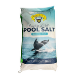 Olsson’s 20kg bag of Australian Pool Salt, 100% Australian made and owned pure sea salt, featuring a whale tail splash graphic and the yellow Olsson's logo.