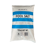 Olsson's 10kg bag of 100% natural sea salt for swimming pools, featuring a white bag with blue stripes and the "Product of Australia" logo.