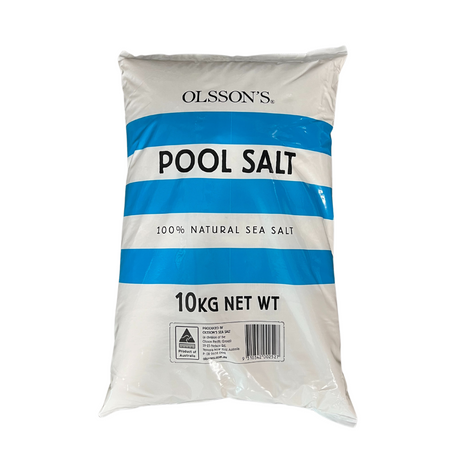 Olsson's 10kg bag of 100% natural sea salt for swimming pools, featuring a white bag with blue stripes and the "Product of Australia" logo.