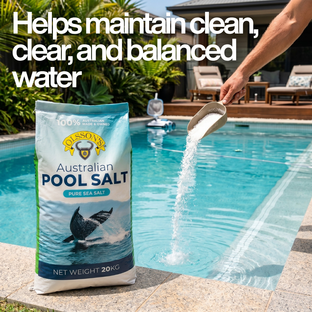 A person using a scoop to pour Olsson's Australian Pool Salt into a bright blue swimming pool, featuring a 20kg bag and text that reads "Helps maintain clean, clear, and balanced water.