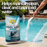 A person using a scoop to pour Olsson's Australian Pool Salt into a bright blue swimming pool, featuring a 20kg bag and text that reads "Helps maintain clean, clear, and balanced water.