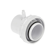 Front three-quarter view of a white Onga spa bath pump swivel tail union fitting showcasing the raised black O-ring seal, threaded lock nut, and vertical air bleed barb fitting isolated on white.