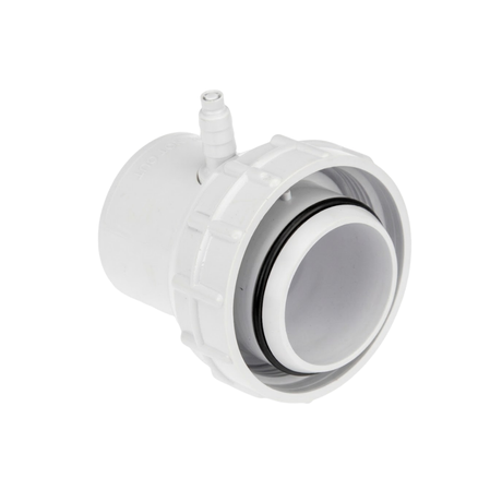 Front three-quarter view of a white Onga spa bath pump swivel tail union fitting showcasing the raised black O-ring seal, threaded lock nut, and vertical air bleed barb fitting isolated on white.