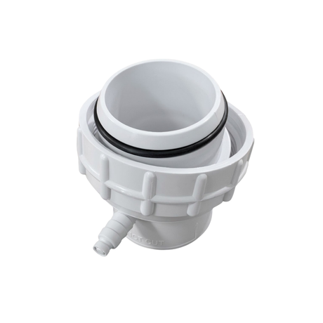 High-angle studio view of a white Onga spa bath pump swivel tail union fitting, displaying the raised black O-ring seal, threaded locking collar, and lower air bleed barb outlet isolated on white.