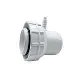 Side view of a white Onga spa bath pump swivel tail union fitting, displaying the black O-ring seal, ribbed lock ring, and vertical air bleed barb fitting isolated on white.
