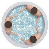 Overhead 3D digital illustration of a round white inflatable cold plunge tub filled with clear rippling water, showing a top-down layout of three stylized figures seated inside to demonstrate spatial capacity.