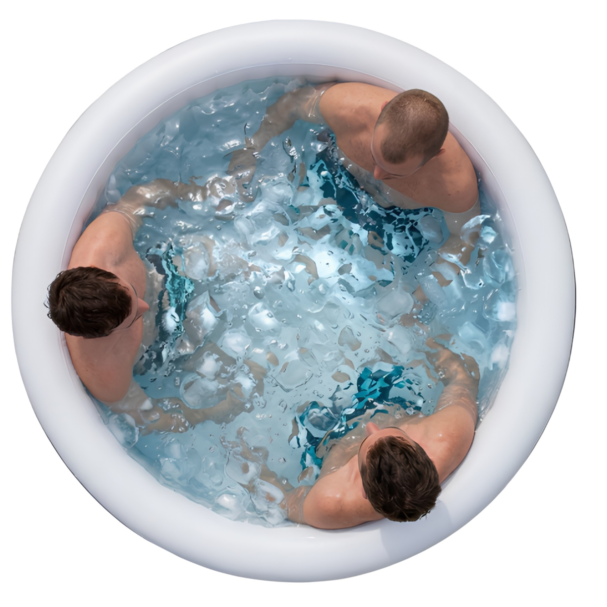 Top-down overhead view of three male athletes sitting inside a large, round white inflatable recovery ice bath. The tub is filled with water and a dense layer of floating ice cubes, showing the spacious interior capacity.