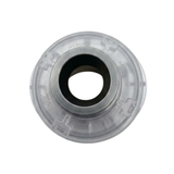 Direct overhead bottom-up view of the rear assembly on an Ovo Swim With Metal 2in SX 12in Artesian spa jet insert, showing the central dark port, metallic collar, and clear plastic body casing stamped with part number 211-7320.
