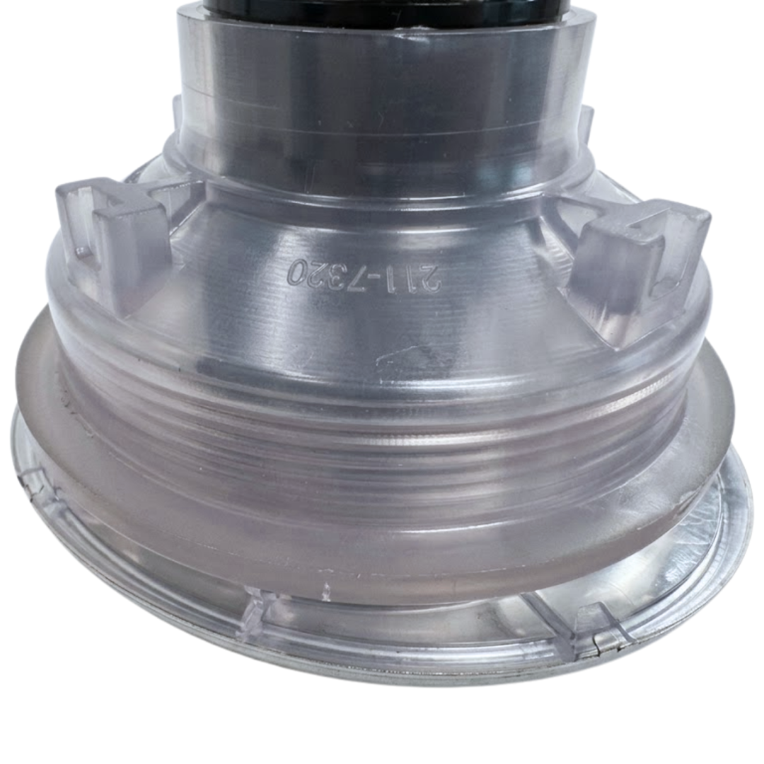 Close-up angled view of the rear housing and face flange on an Ovo Swim With Metal 2in SX 12in artesian spa jet insert, showing the clear plastic body casing stamped with part number 211-7320, clear retention clips, and metallic flange rim.