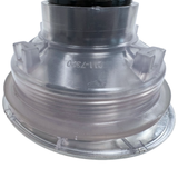 Close-up angled view of the rear housing and face flange on an Ovo Swim With Metal 2in SX 12in artesian spa jet insert, showing the clear plastic body casing stamped with part number 211-7320, clear retention clips, and metallic flange rim.