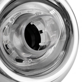 Close-up view of the clear plastic nozzle barrel and internal housing on an Ovo Swim With Metal 2in SX 12in Artesian spa jet insert, framed by a smooth stainless steel outer bezel.